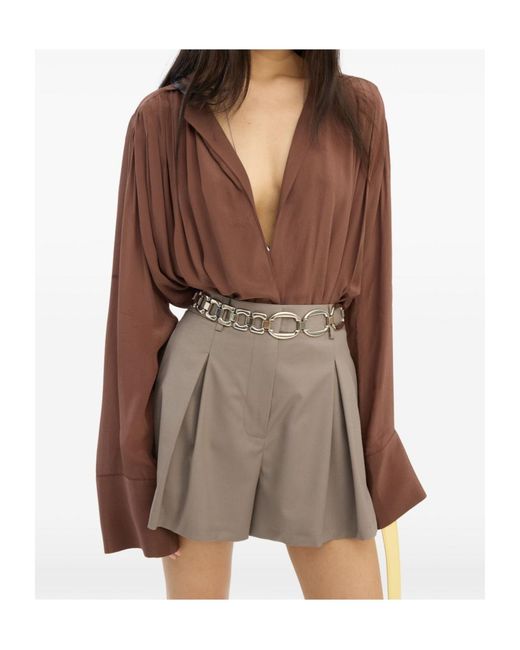ROTATE BIRGER CHRISTENSEN Brown Pleated Long-Sleeve Blouse