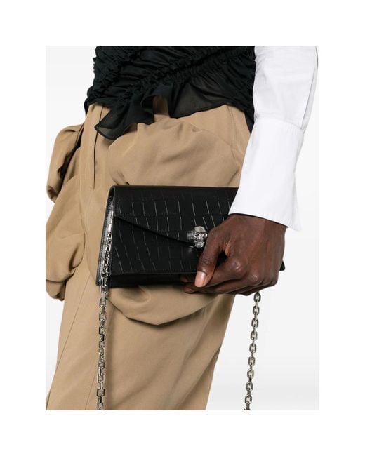 McQueen White Skull Crocodile-Effect Shoulder Bag