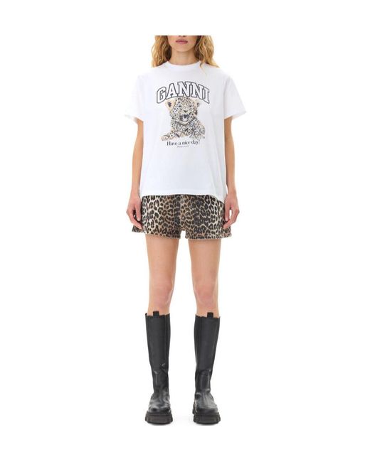 Ganni White Relaxed Leopard Print T-Shirt