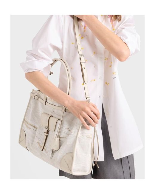 Prada Gray Bonnie Extra-Large Printed Linen And Leather Tote Bag