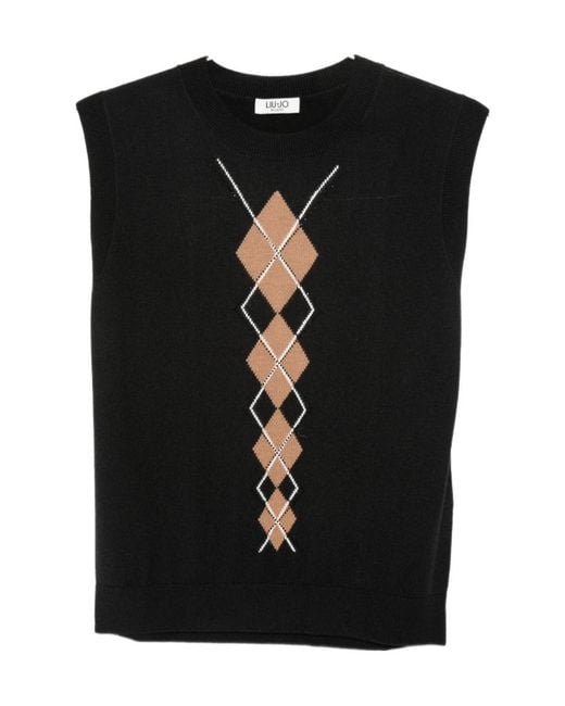Liu Jo Black Argyle-Pattern Sleeveless Top