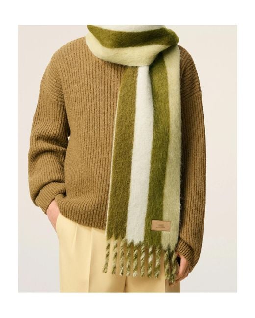 AMI Green Striped Fringed Scarf for men