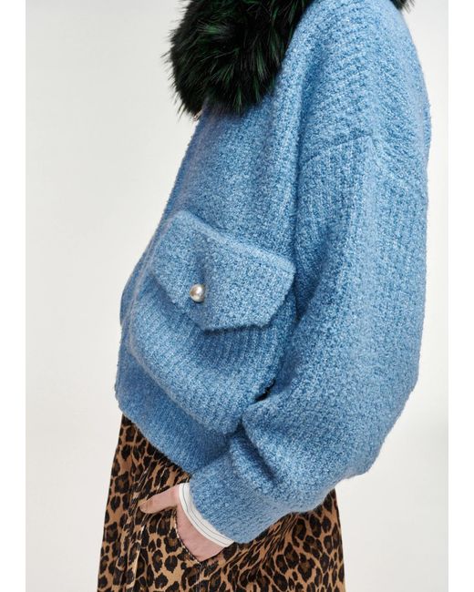 Essentiel Antwerp Blue Faux-Fur Collar Ribbed-Knit Jacket