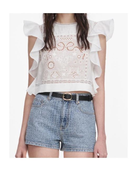 Self-Portrait Blue Lace-Detail Ruffled Cropped Top