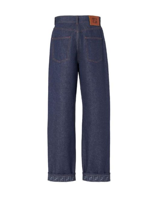 Fendi Blue Logo-Cuff Wide-Leg Jeans