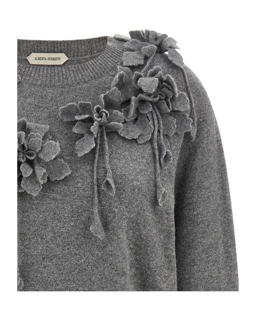 Alberta Ferretti Gray Wool Sweater With Raised Embroidered Flowers