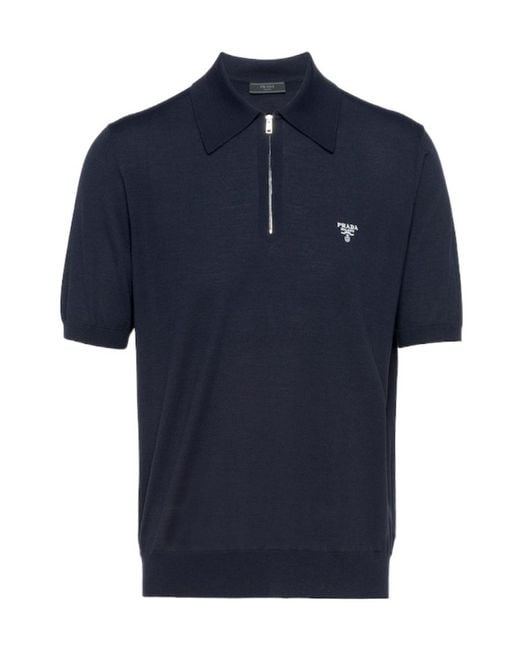 Prada Blue Knitted Polo Shirt for men