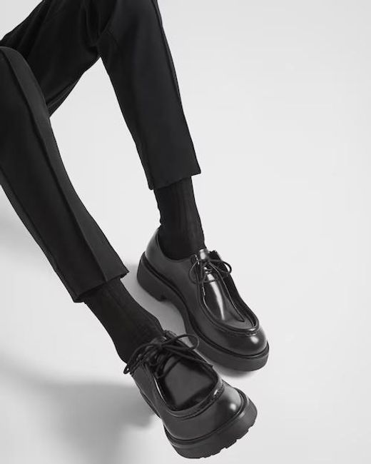Prada Black Opaque Brushed Leather Lace-Up Shoes for men