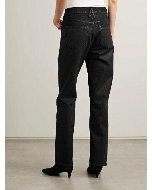 SLVRLAKE Denim Black London Frayed Paneled High-Rise Straight-Leg Organic Jeans