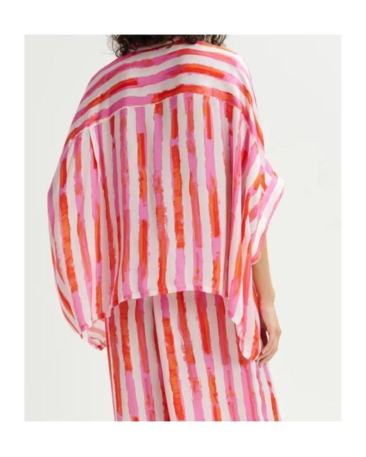 Essentiel Antwerp Red Off- And Striped Button-Down Shirt With Mandarin Collar