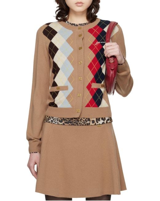 Ganni Natural Argyle Printed Cardigan