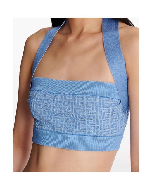 Balmain Blue Knit Halterneck Top With Pb Labyrinth Monogram