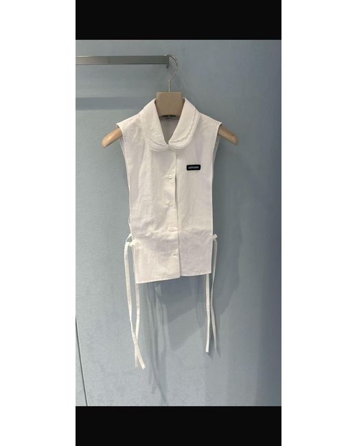 Miu Miu White Slubbed Poplin Side-Tie Sleeveless Shirt
