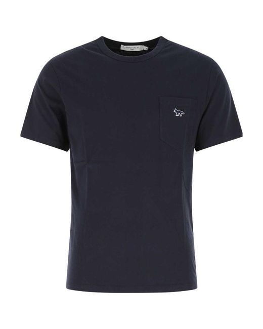 Maison Kitsuné Blue Maison Kitsuné Logo Embroidered Crewneck T-Shirt for men