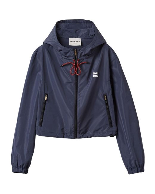 Miu Miu Blue Logo-Rubberised Zipped Hooded Jacket