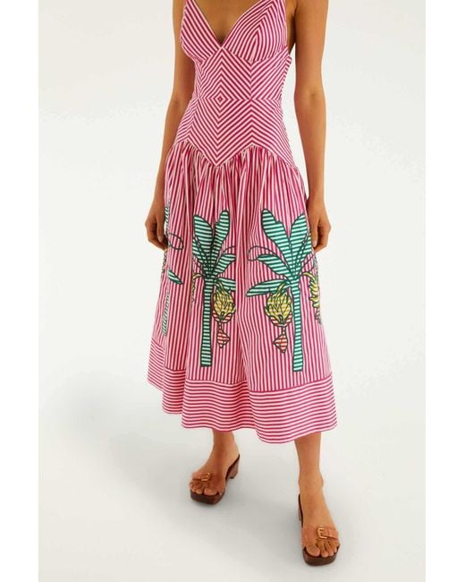 Farm Rio Pink Palm Tree-Embroidered Striped Midi Dress