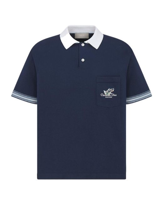 Dior Blue Homme Logo Embroidred Short-Sleeved Polo Shirt for men