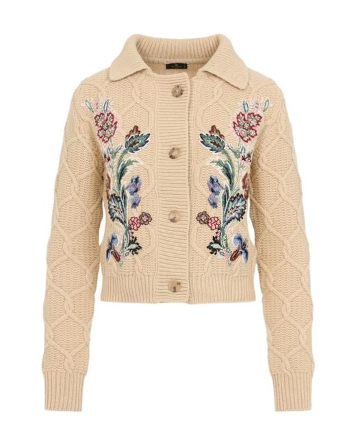Etro Natural Floral Embroidered Knitted Cardigan