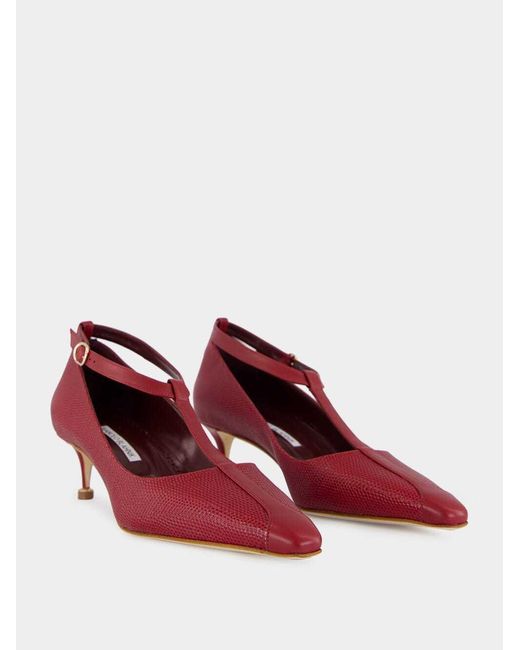 Manolo Blahnik Red Rosellon T-Strap Leather Kitten Pumps