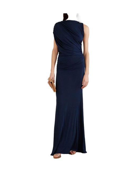 Alex Perry Blue Ruched Draped Jersey Gown