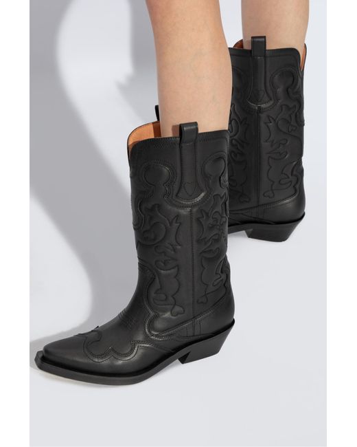 Ganni Black Cowboy Boots With A Pattern
