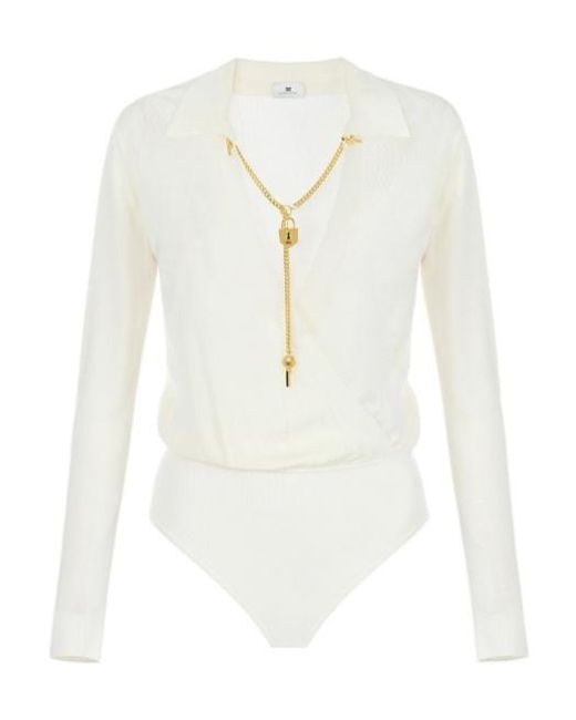 Elisabetta Franchi White Viscose Yarn Bodysuit With Jewel Chain