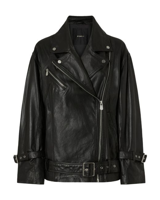 Pinko Black Belted Leather Biker Jacket