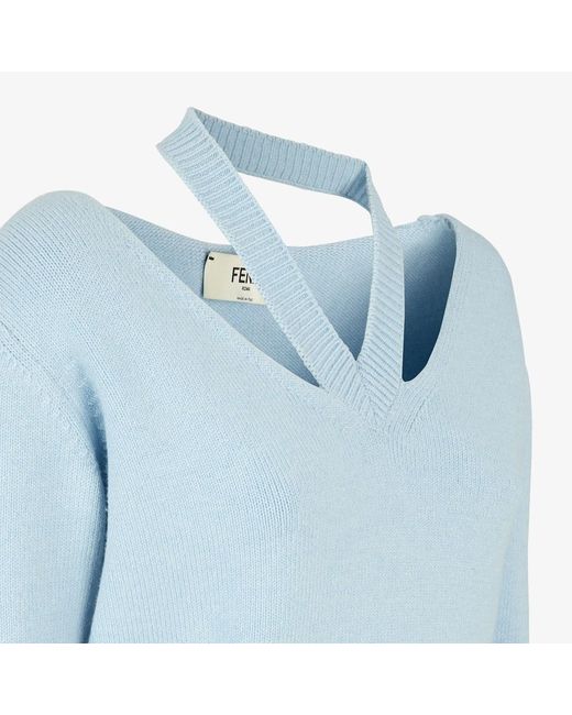 Fendi Blue Off-The-Shoulder Long-Sleeved Pullover