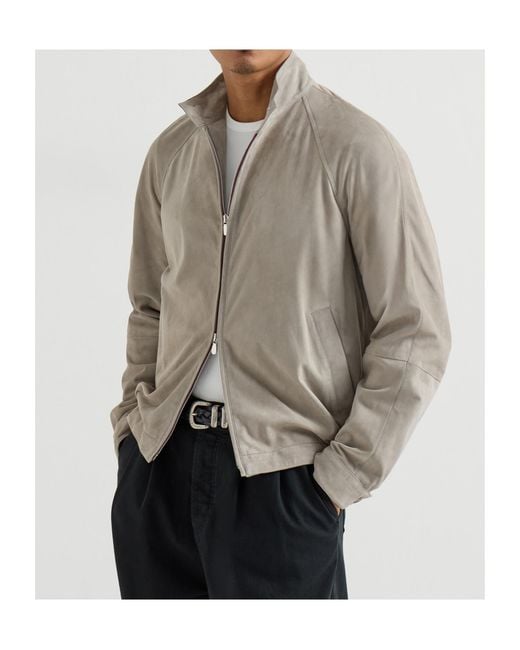 Brunello Cucinelli Brown Suede Two-Way Zip Jacket for men
