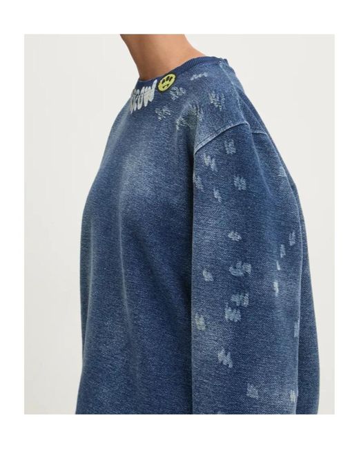 Barrow Blue Logo Printed Crewneck Denim Sweatshirt for men