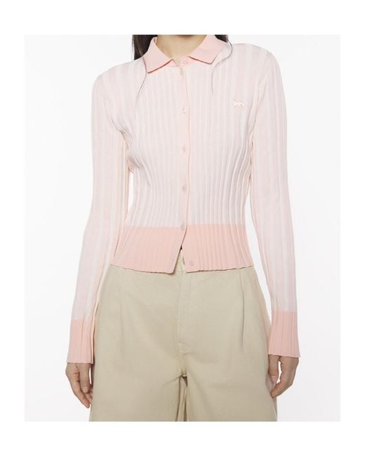 Maison Kitsuné Pink Baby Fox Patch Pleated Ribbed Cardigan