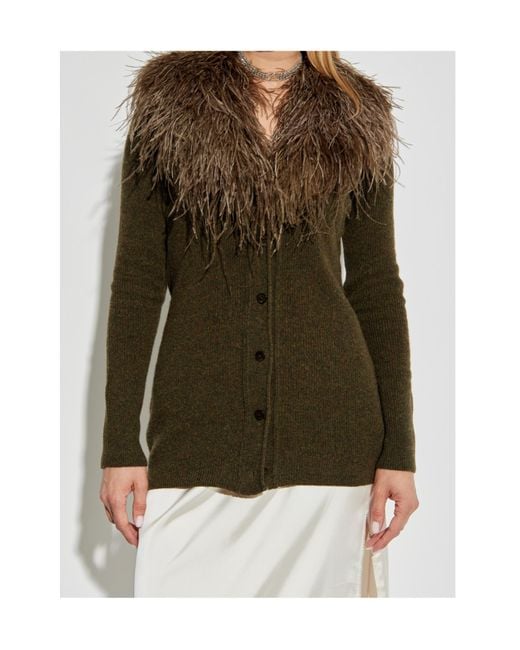 Blumarine Green Feather-Embellished Wool Cardigan