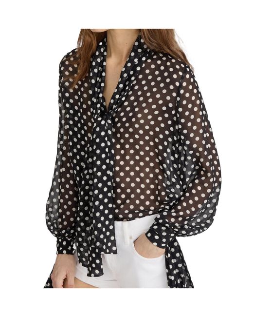 FRAME Black Tie-Neck Polka-Dot Top