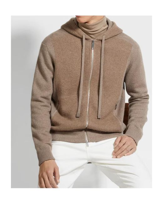 Zegna Brown Ribbed-Panel Zip-Up Hoodie for men