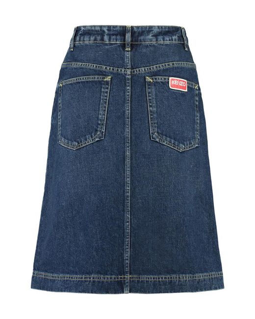 KENZO Blue Logo Patch Midi Denim Skirt