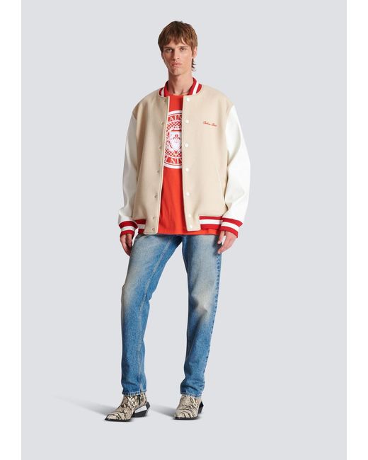 Balmain White Logo Embroidered Varsity Jacket for men