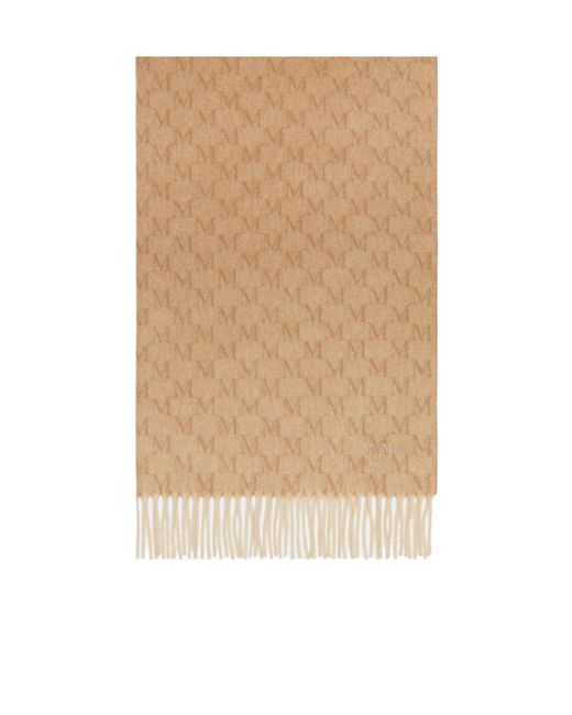 Max Mara Natural Logo Embroidered Fringed Edge Scarf