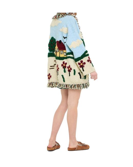 Alanui Blue Casa Fringed Intarsia-Knit Cardi-Coat