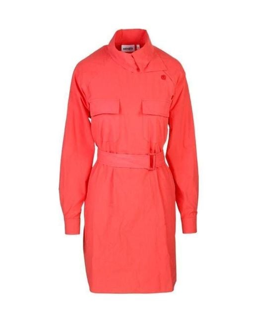 KENZO Red Asymmetric Neckline Belted Shirt Dress