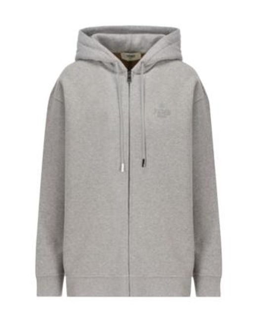 Fendi Women's Gray Logo Embroidered Zip-Up Drawstring Hoodie