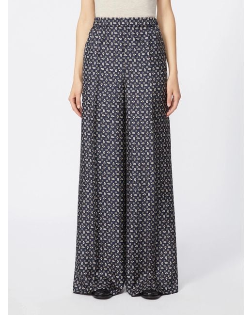 Max Mara Gray Silk Twill Printed Wide-Leg Trousers
