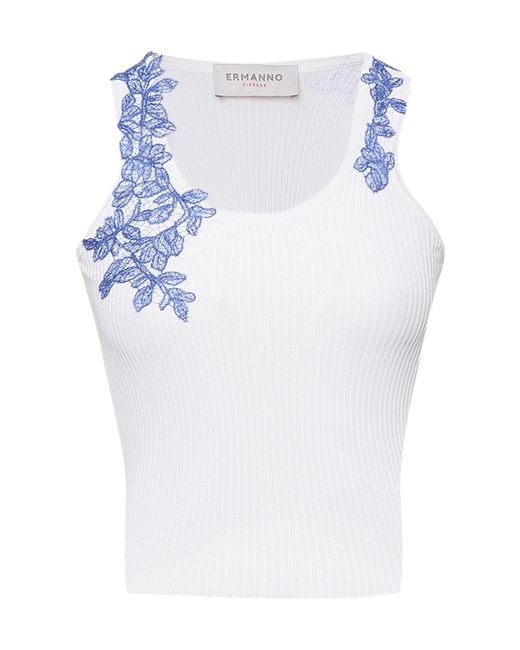 ERMANNO FIRENZE Blue Lace Embroidery Ribbed Top