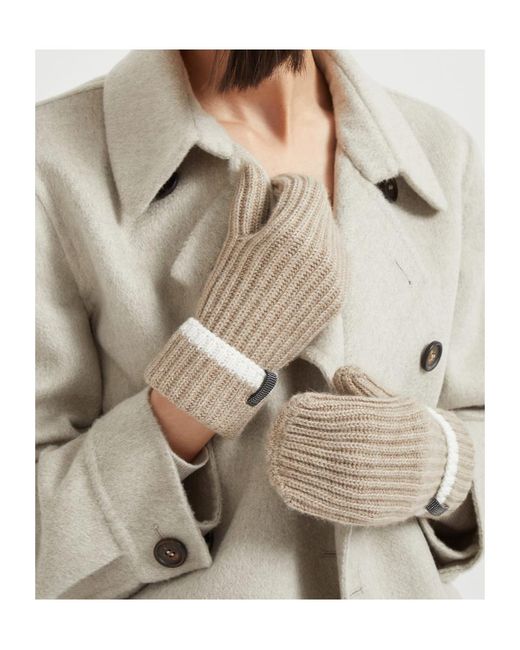 Brunello Cucinelli Natural Cashmere English Rib Knit Mittens With Monili