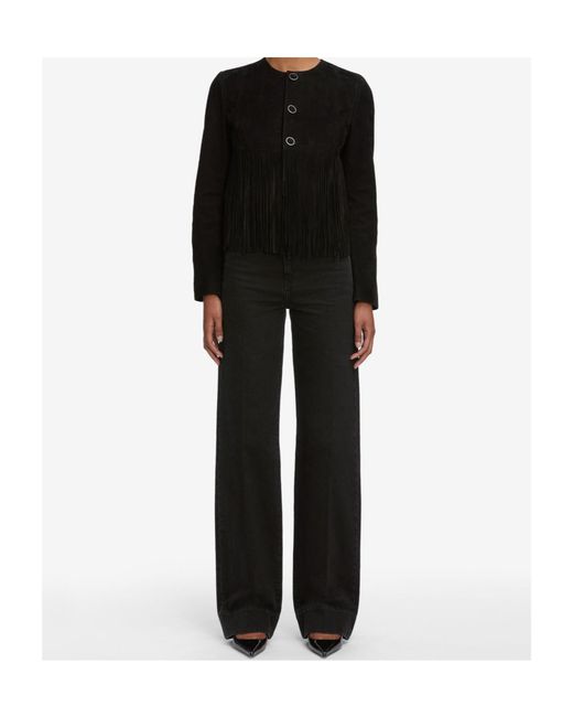 FRAME Black Double-Layered Fringed Leather Jacket