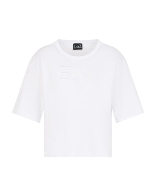 EA7 White Logo-Embroidered Cotton T-Shirt