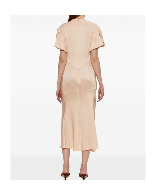 Victoria Beckham Natural Gathered V-Neck Long Dress