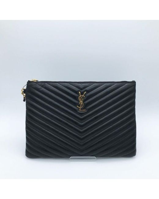 Saint Laurent Black Large Logo Monogram Quilted Clutch Bag