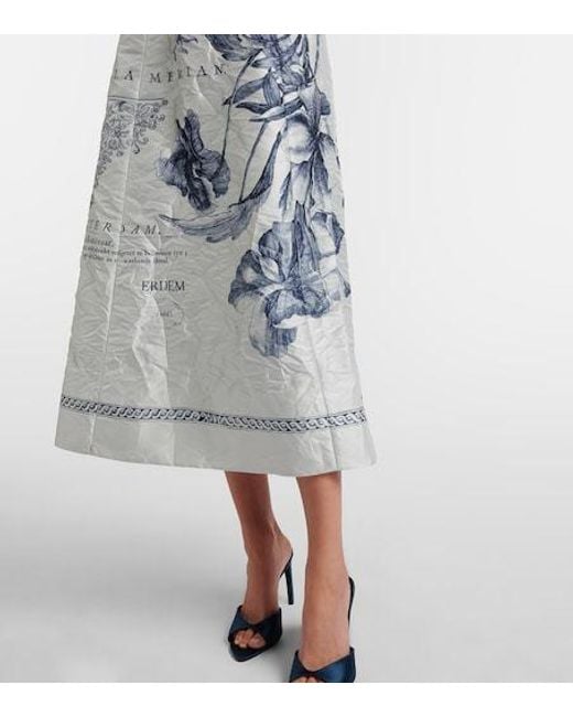 Erdem Blue Printed Satin Twill Midi Dress