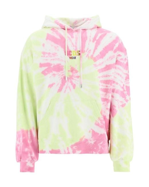 Gcds Pink Logo Printed Tie-Dyed Drawstring Hoodie for men
