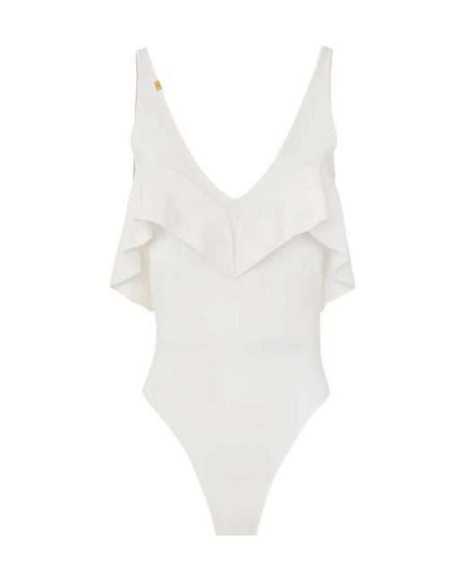 Elisabetta Franchi White V-Neck Flounce Bodysuit